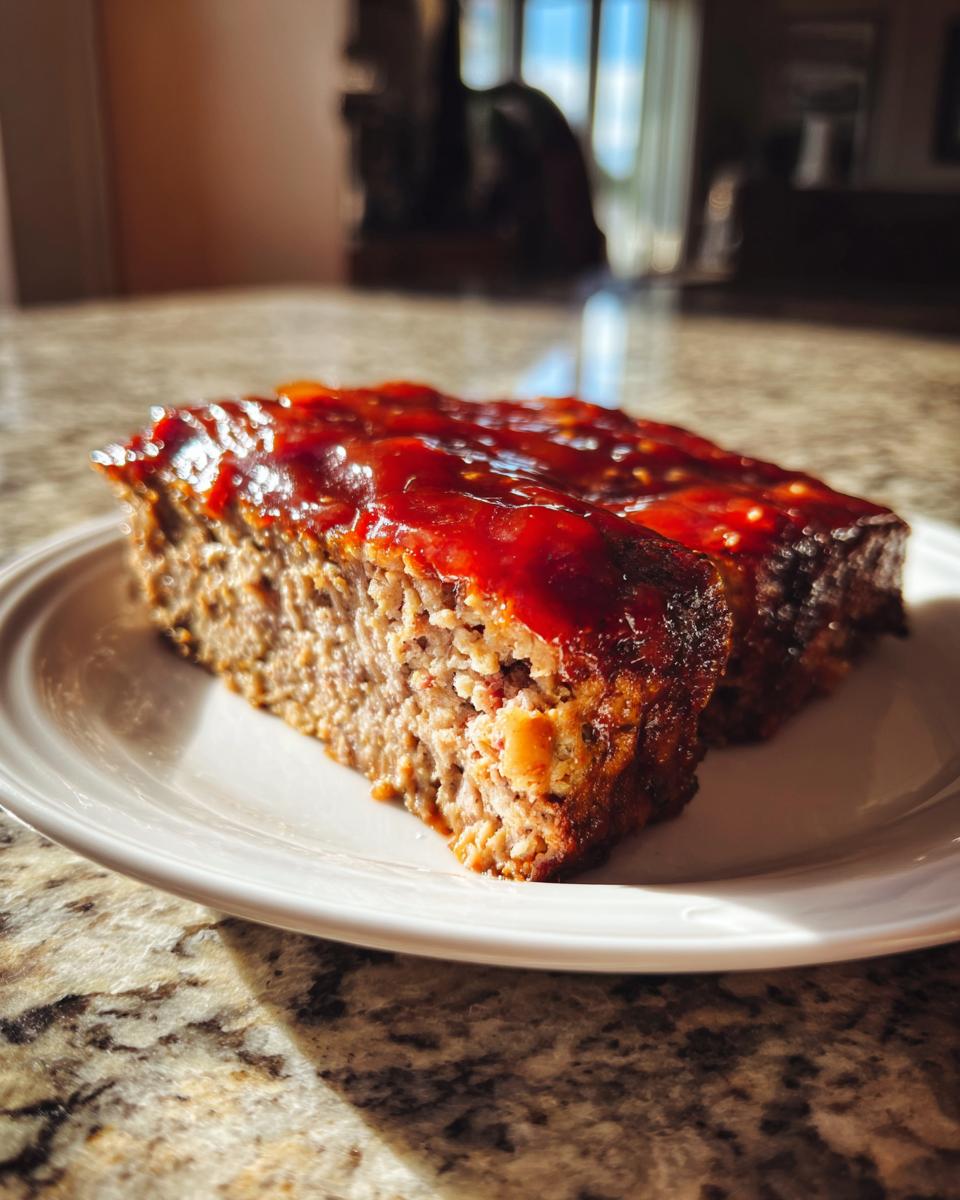 Two slices of juicy meatloaf recipe topped with a glossy glaze, served on a white plate.