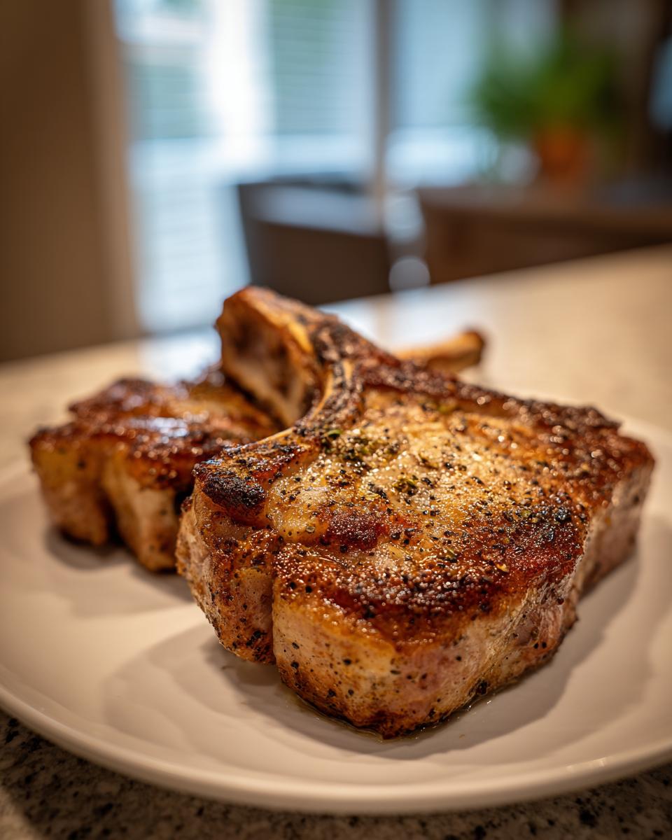 Close-up of juicy pan-seared pork chops seasoned with spices on a white plate.