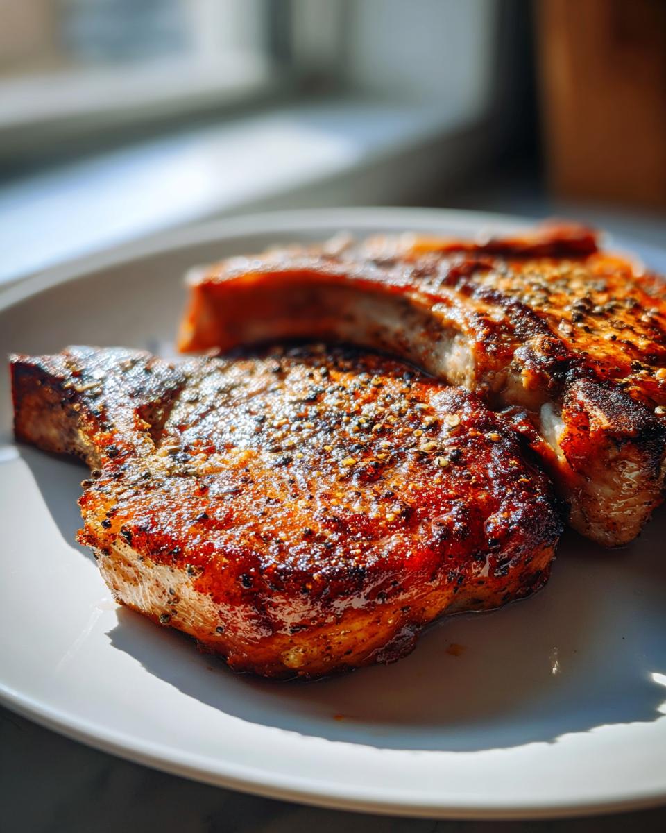 Close-up of juicy pan-seared pork chops seasoned with pepper on a white plate.