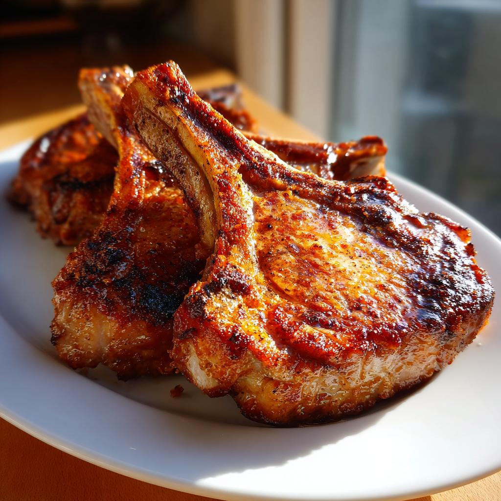 Close-up of perfectly seared pork chops on a white plate, showcasing a golden-brown crust and juicy texture.