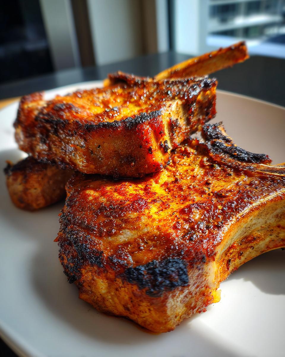Close-up of perfectly seared, seasoned pork chops on a white plate, showcasing a delicious crust.