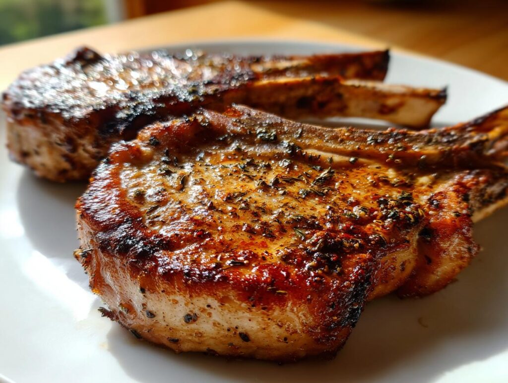 Close-up of two perfectly seared pork chops seasoned with herbs on a white plate.