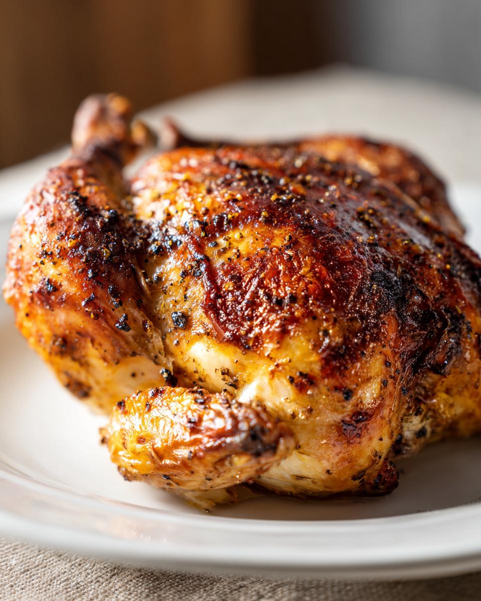 A perfectly roasted whole chicken with crispy golden-brown skin, seasoned with herbs and spices, served on a white plate.