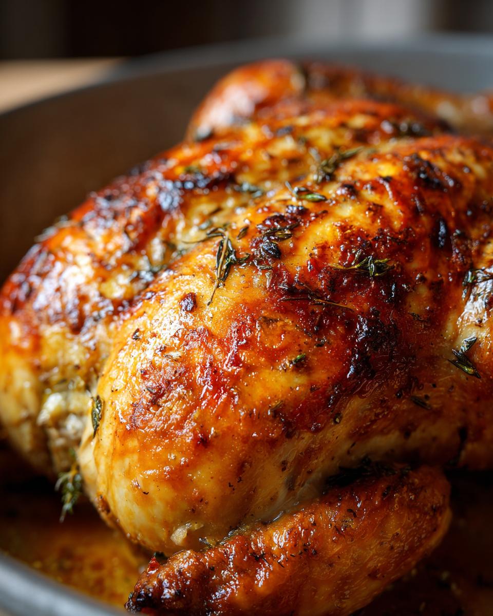 Close-up of juicy roasted chicken with crispy golden skin and herbs on top.