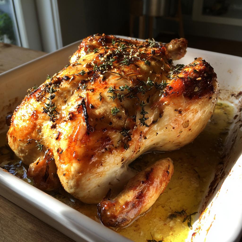 A perfectly roasted whole chicken, glistening with juices and herbs, ready for one of the best chicken recipes.
