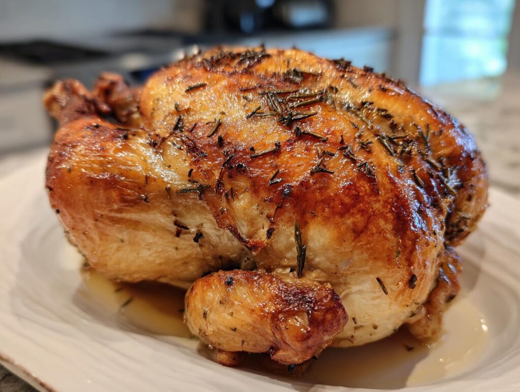 Close-up of a juicy roasted chicken with herbs on a white plate