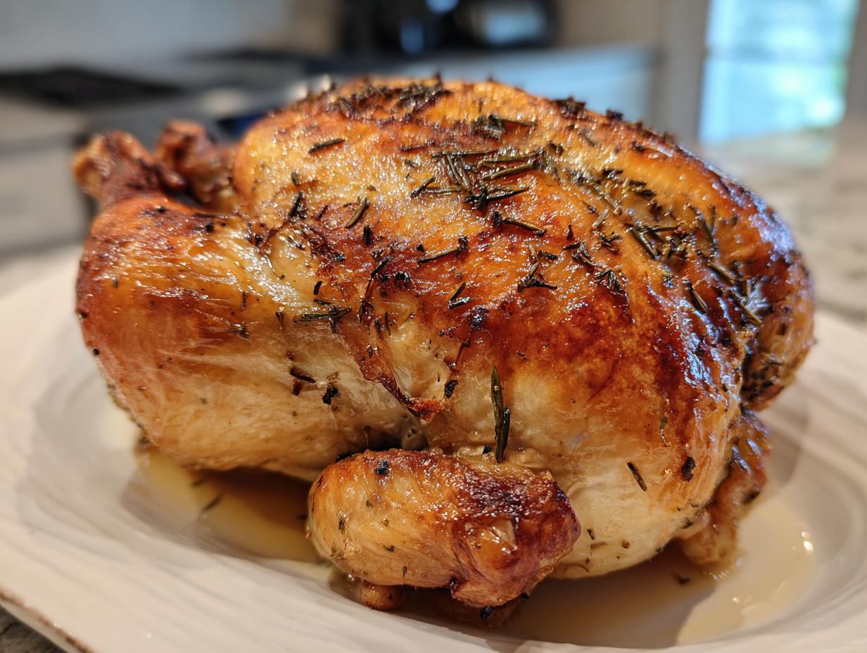 Close-up of a juicy roasted chicken with herbs on a white plate