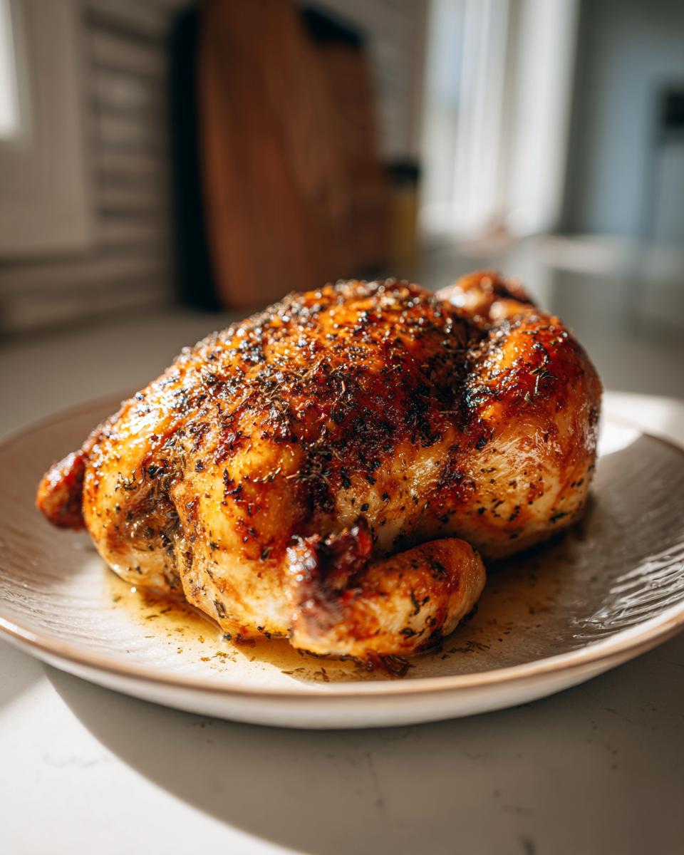 Juicy roasted chicken with crispy golden skin seasoned with herbs on a white plate