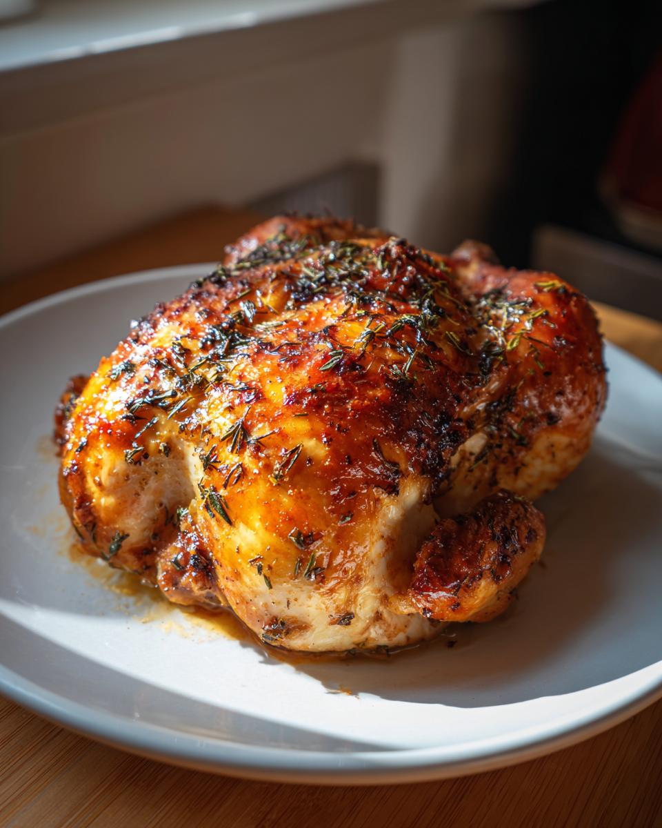 Whole juicy roasted chicken seasoned with herbs on a white plate