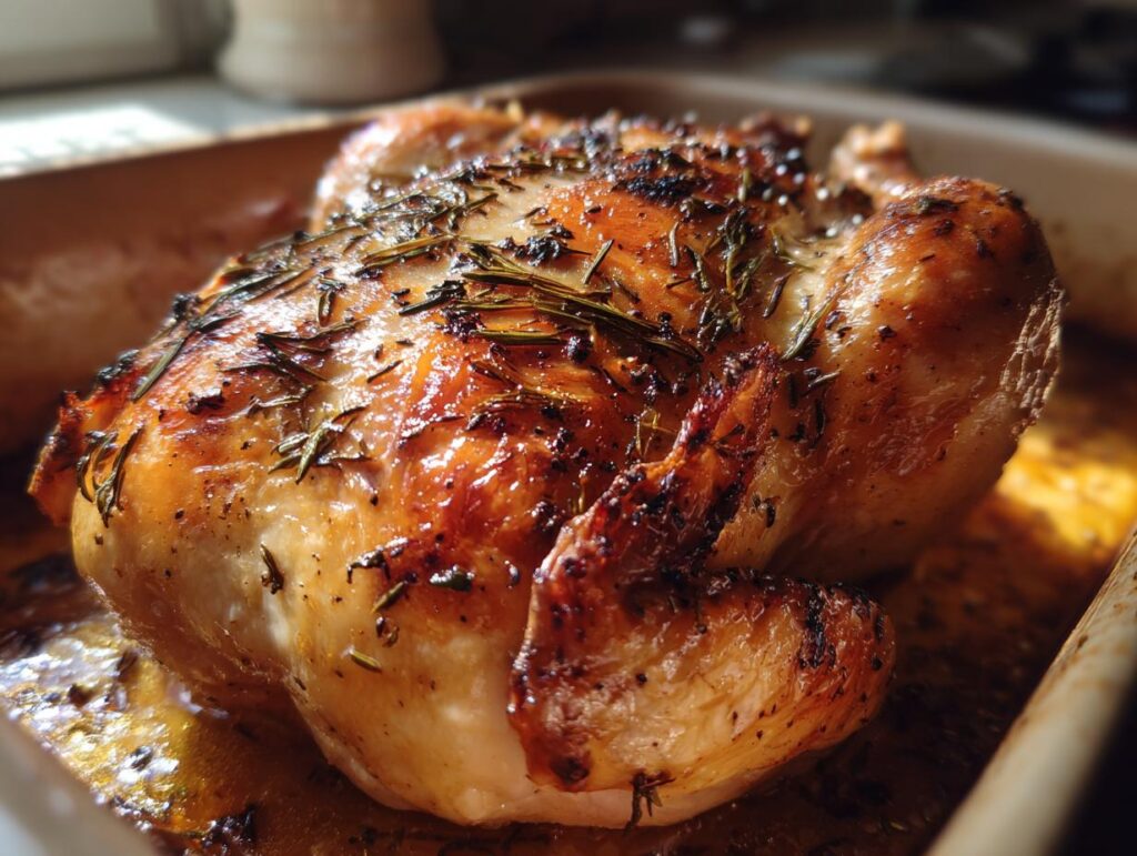 Close-up of a juicy roasted chicken seasoned with herbs in a baking dish.