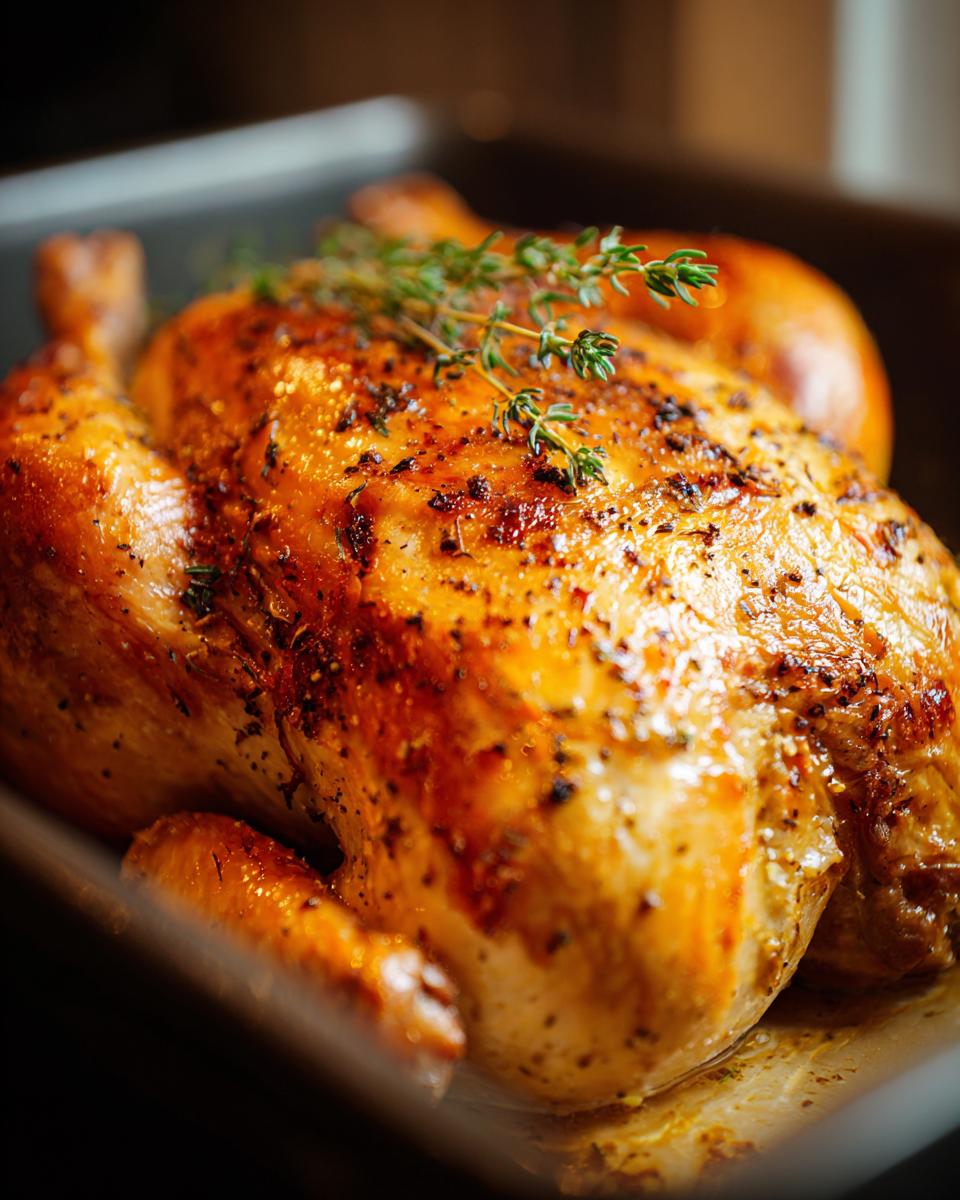 Close-up of golden juicy roasted chicken seasoned with herbs in a baking pan.