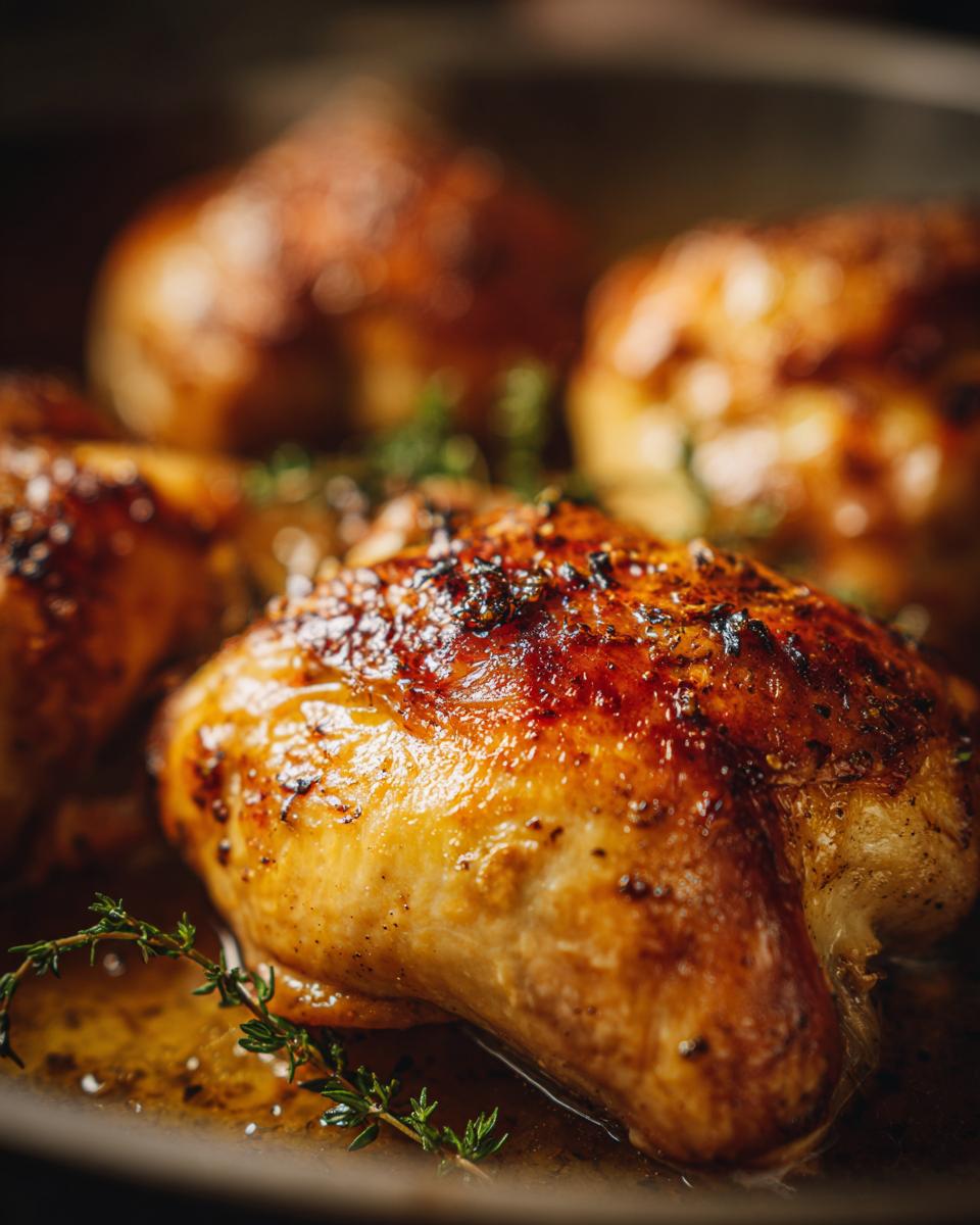 Close-up of juicy roasted chicken pieces seasoned with herbs and spices in a pan.