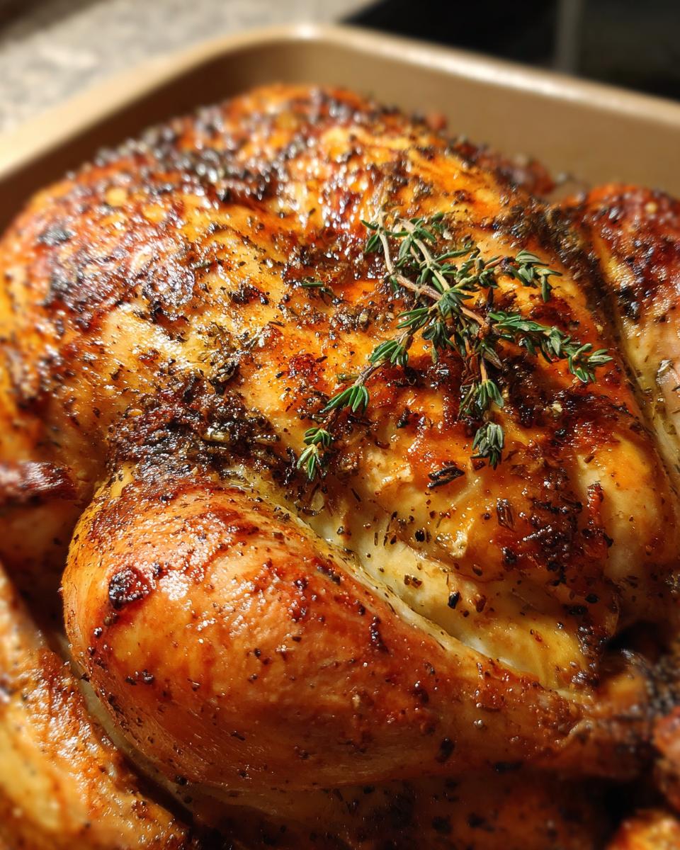 Close-up of juicy roasted chicken seasoned with herbs and spices, garnished with fresh thyme.