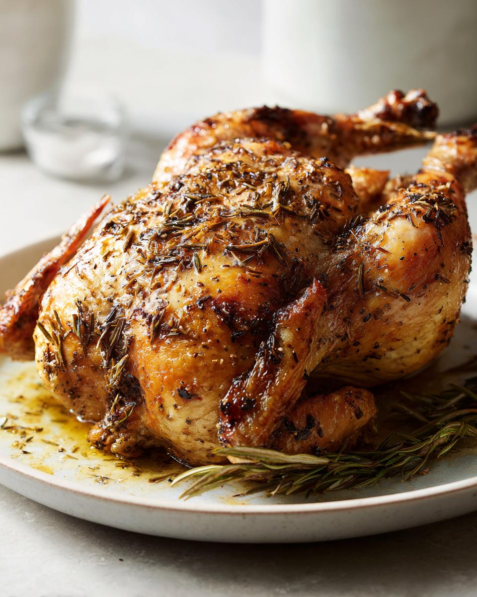 A whole roasted chicken seasoned with herbs and spices, resting on a plate with rosemary sprigs.