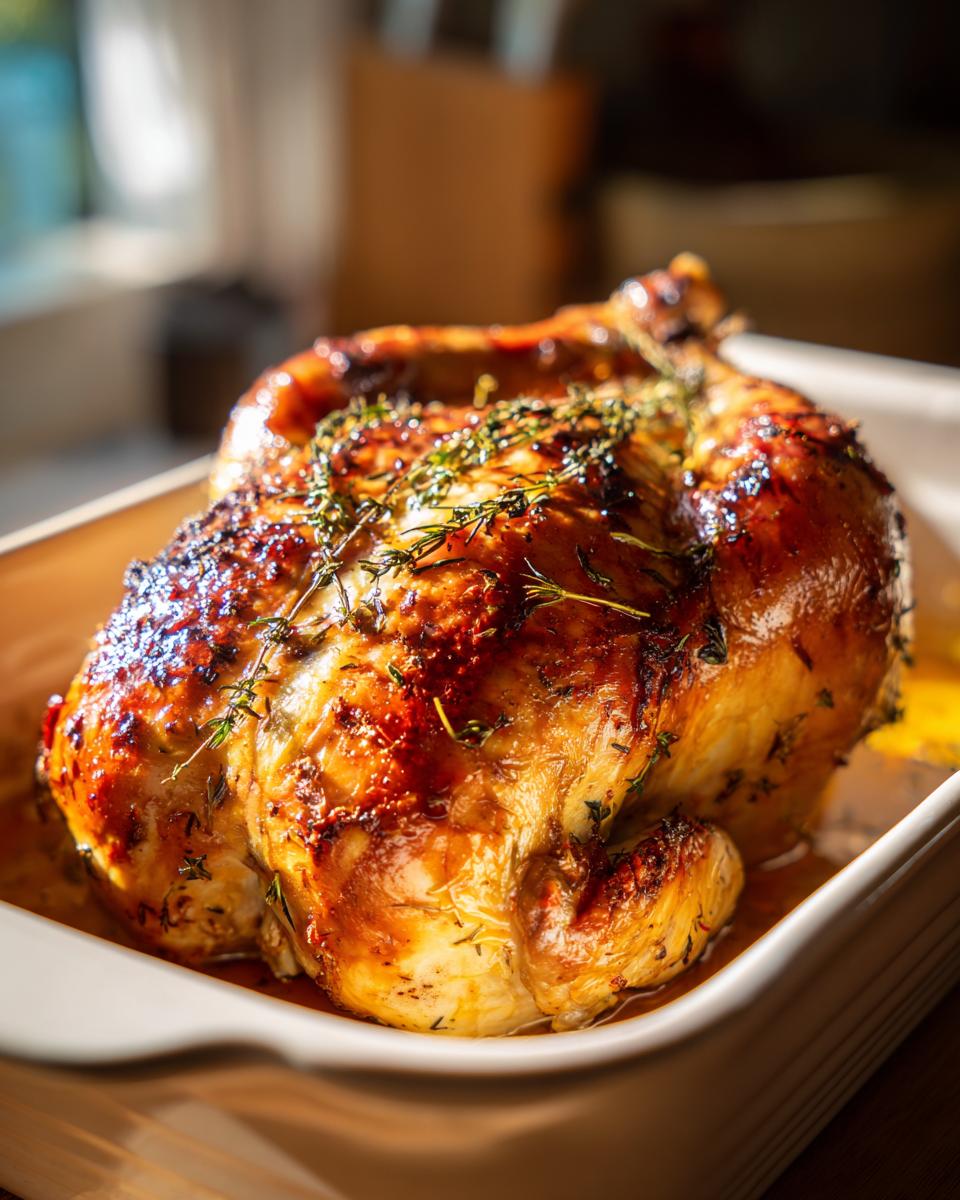 A perfectly roasted whole chicken, glistening and golden brown, seasoned with herbs, ready for a simple chicken recipe.