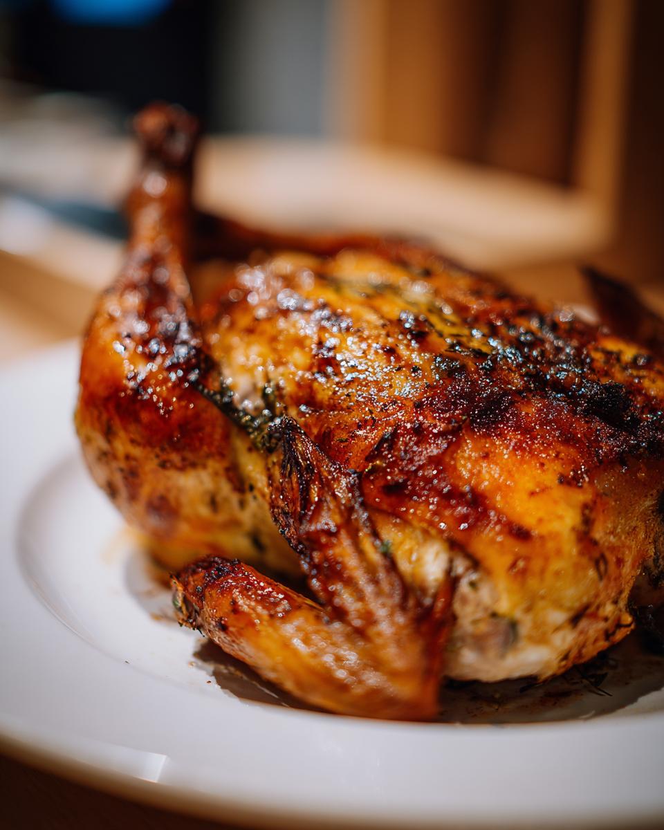 A perfectly roasted whole chicken with crispy golden-brown skin, served on a white plate.