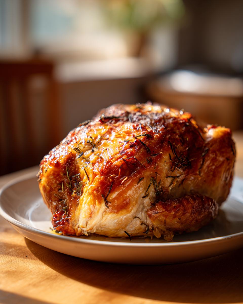 A whole roasted turkey breast seasoned with herbs, glistening and golden brown on a plate.