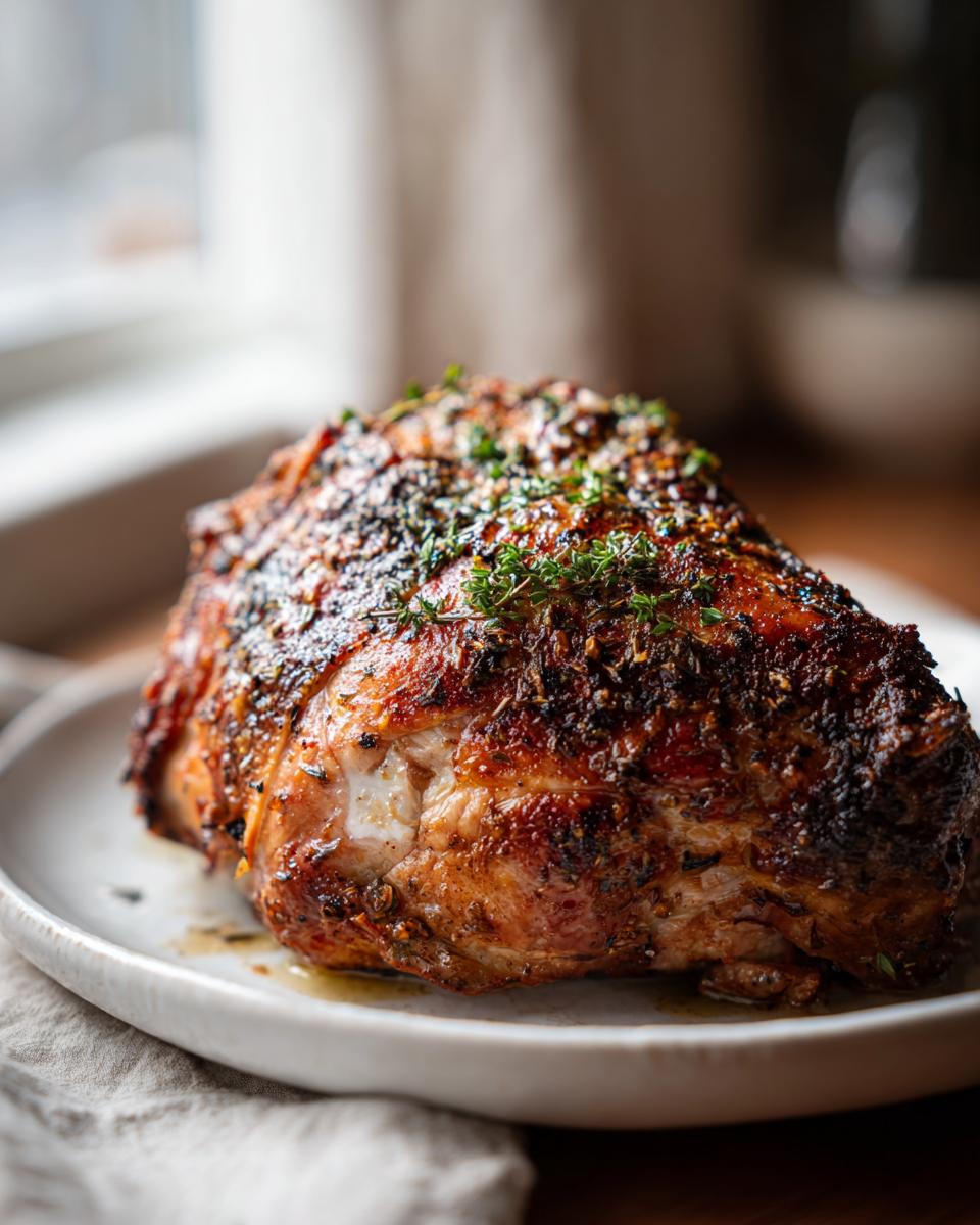 A perfectly roasted turkey breast, seasoned with herbs and spices, resting on a white plate.
