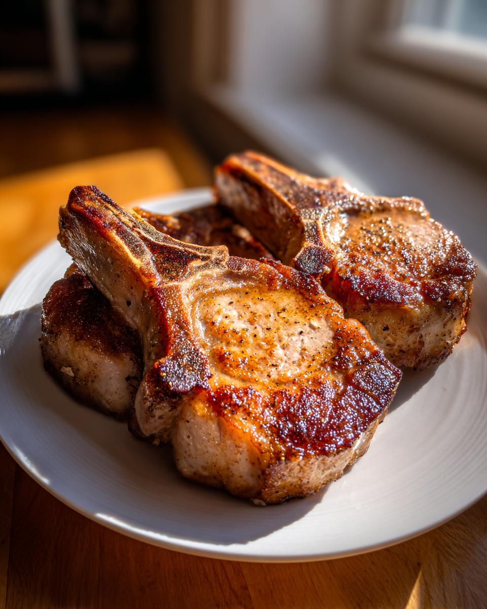 Close-up of juicy seared pork chops seasoned and cooked to perfection on a white plate.