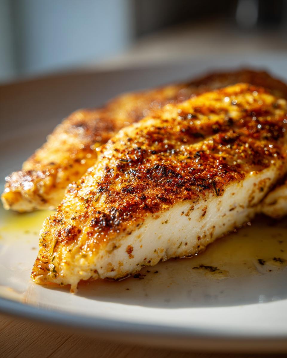 Close-up of juicy seasoned chicken breast cooked to golden perfection on a plate.
