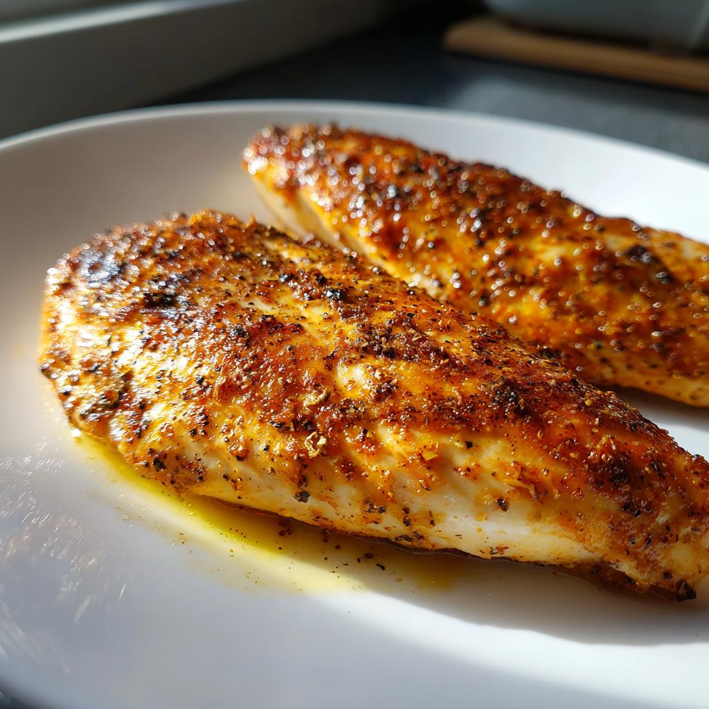 Two golden, juicy chicken breasts seasoned with spices on a white plate.