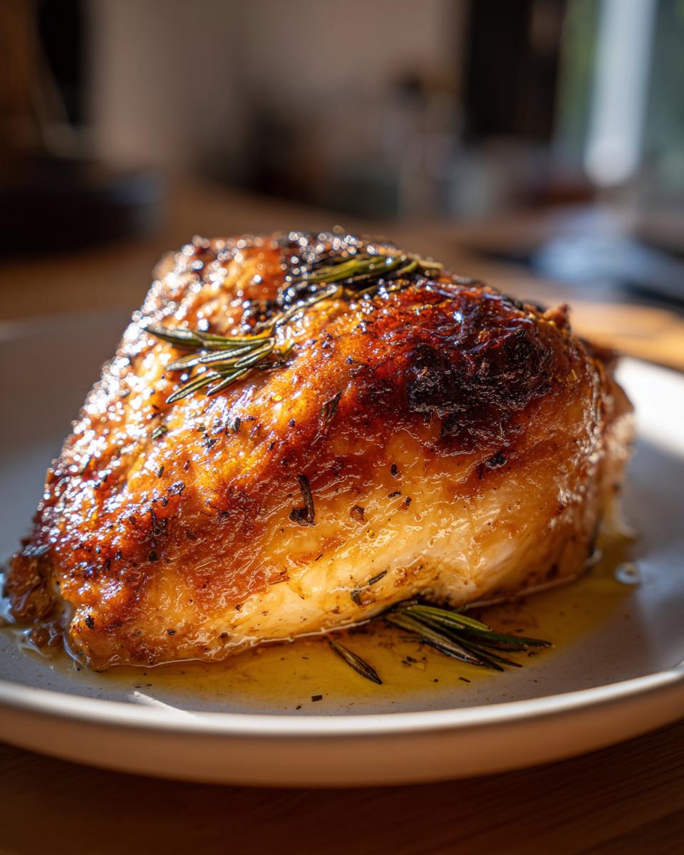 Close-up of a perfectly roasted turkey breast with crispy skin, seasoned with rosemary and resting in its own juices.