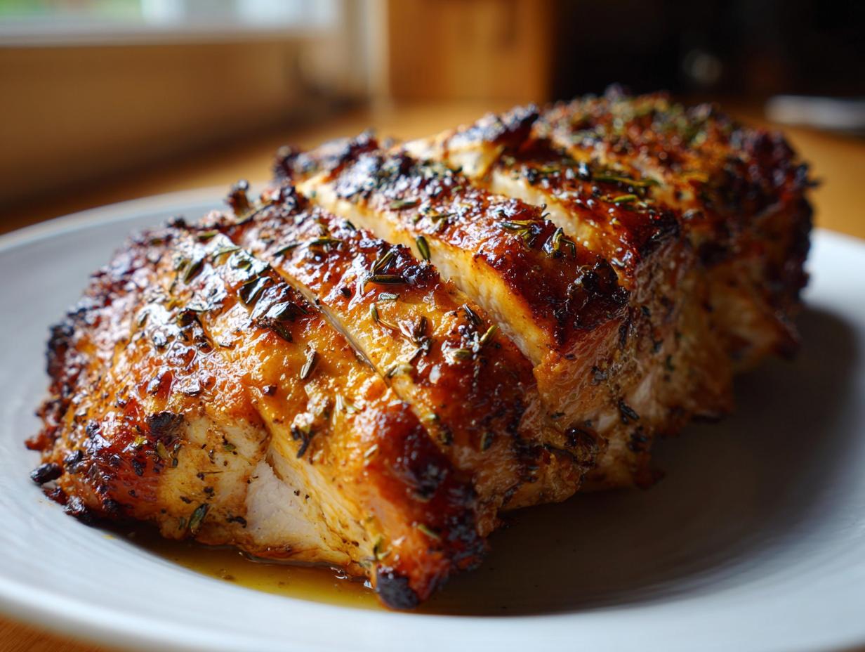 Close-up of a juicy, sliced turkey breast seasoned with herbs, ready to serve.