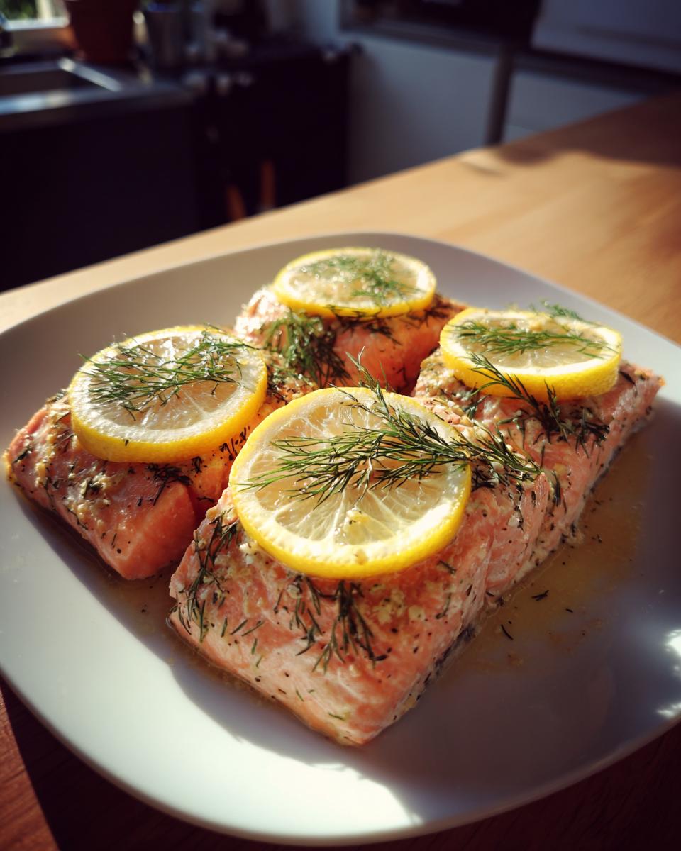 Freshly baked salmon recipes topped with lemon slices and dill on a white plate.