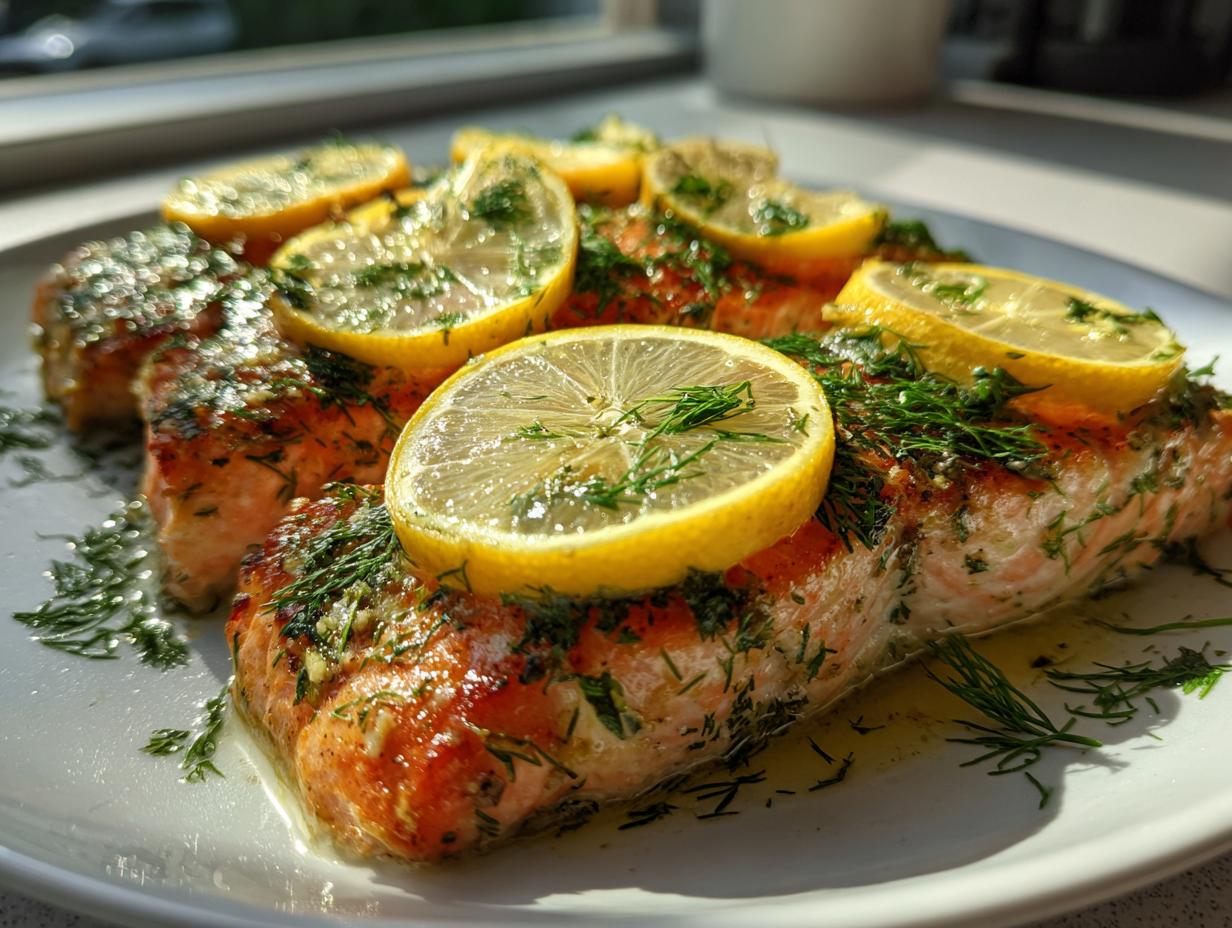 Cooked salmon recipes with lemon slices and fresh herbs on a white plate