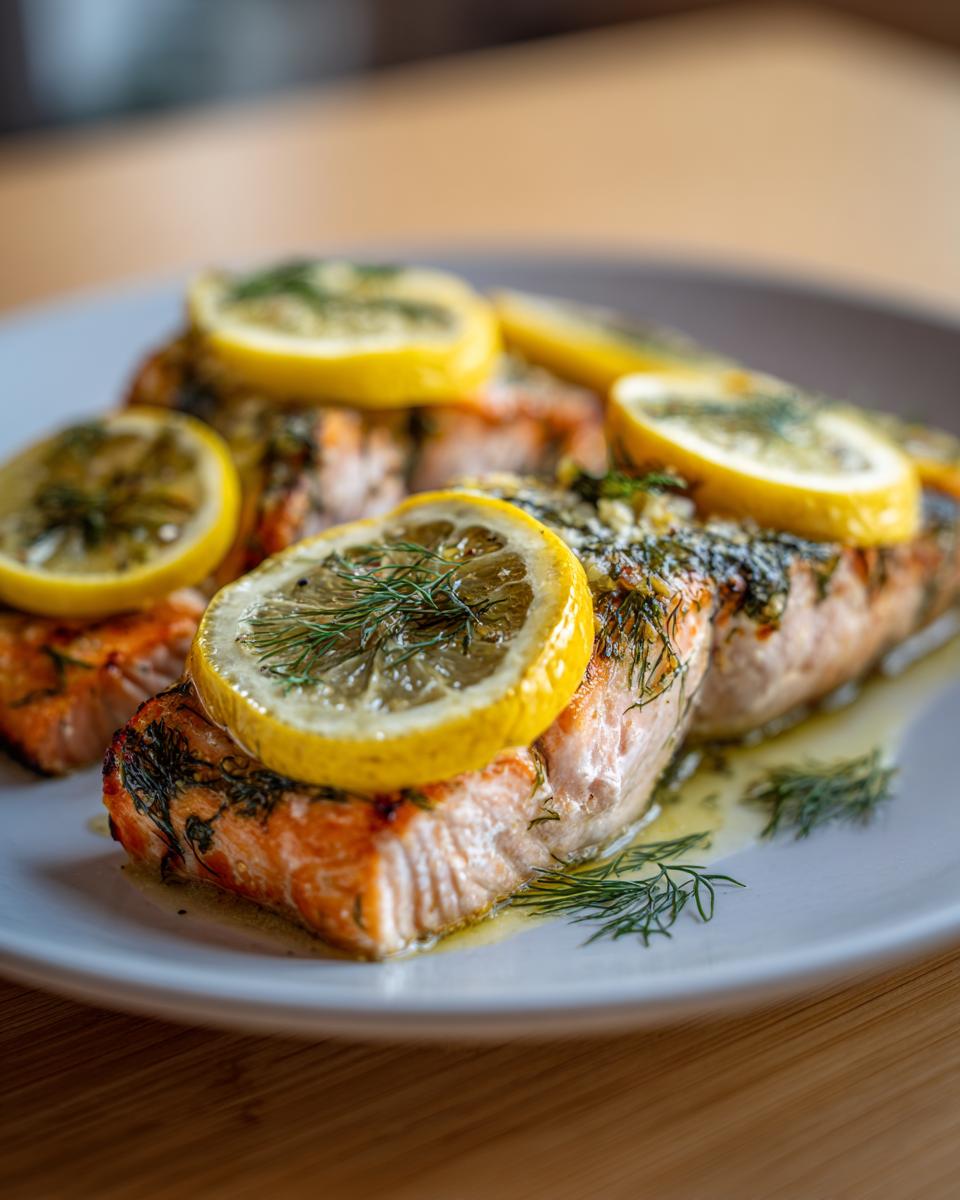 Cooked salmon fillets topped with lemon slices and fresh herbs on a white plate.