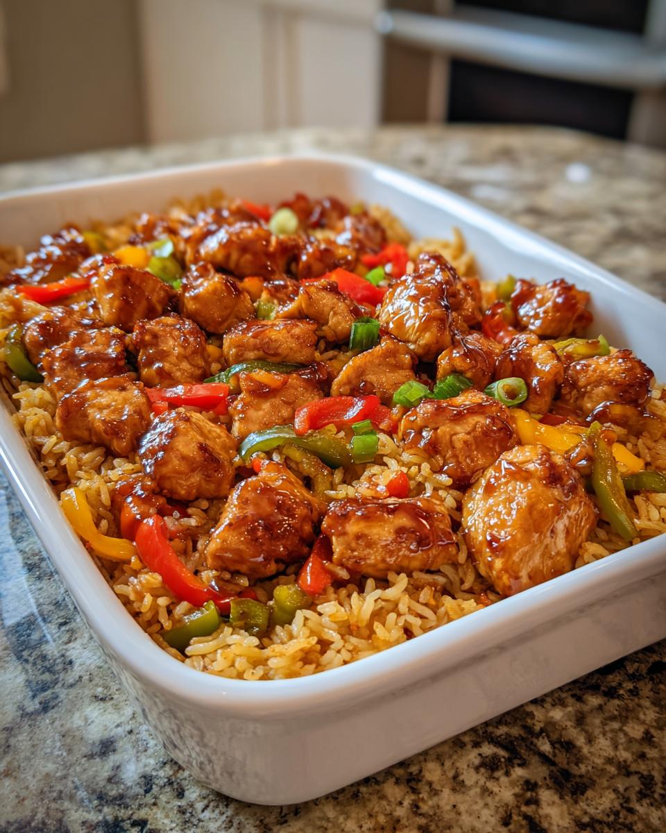 A white casserole dish filled with glistening chicken pieces, colorful bell peppers, and seasoned rice, perfect for lucky new years food.