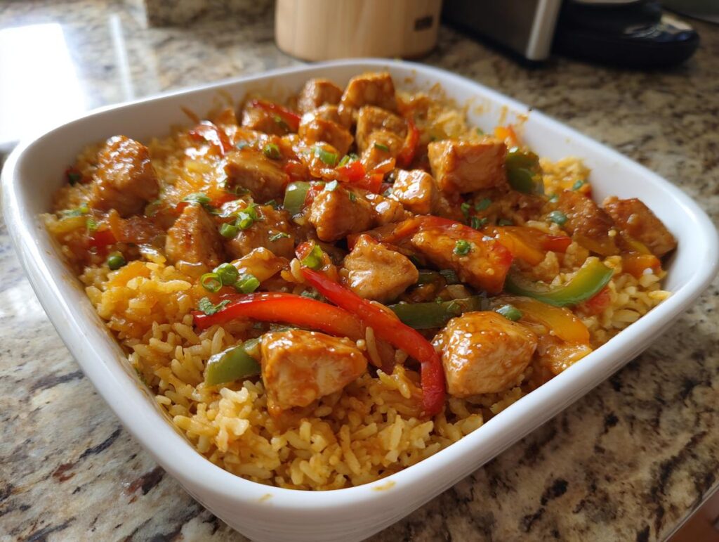 A white casserole dish filled with fluffy rice topped with glazed chicken pieces and colorful bell peppers, a perfect new years food.