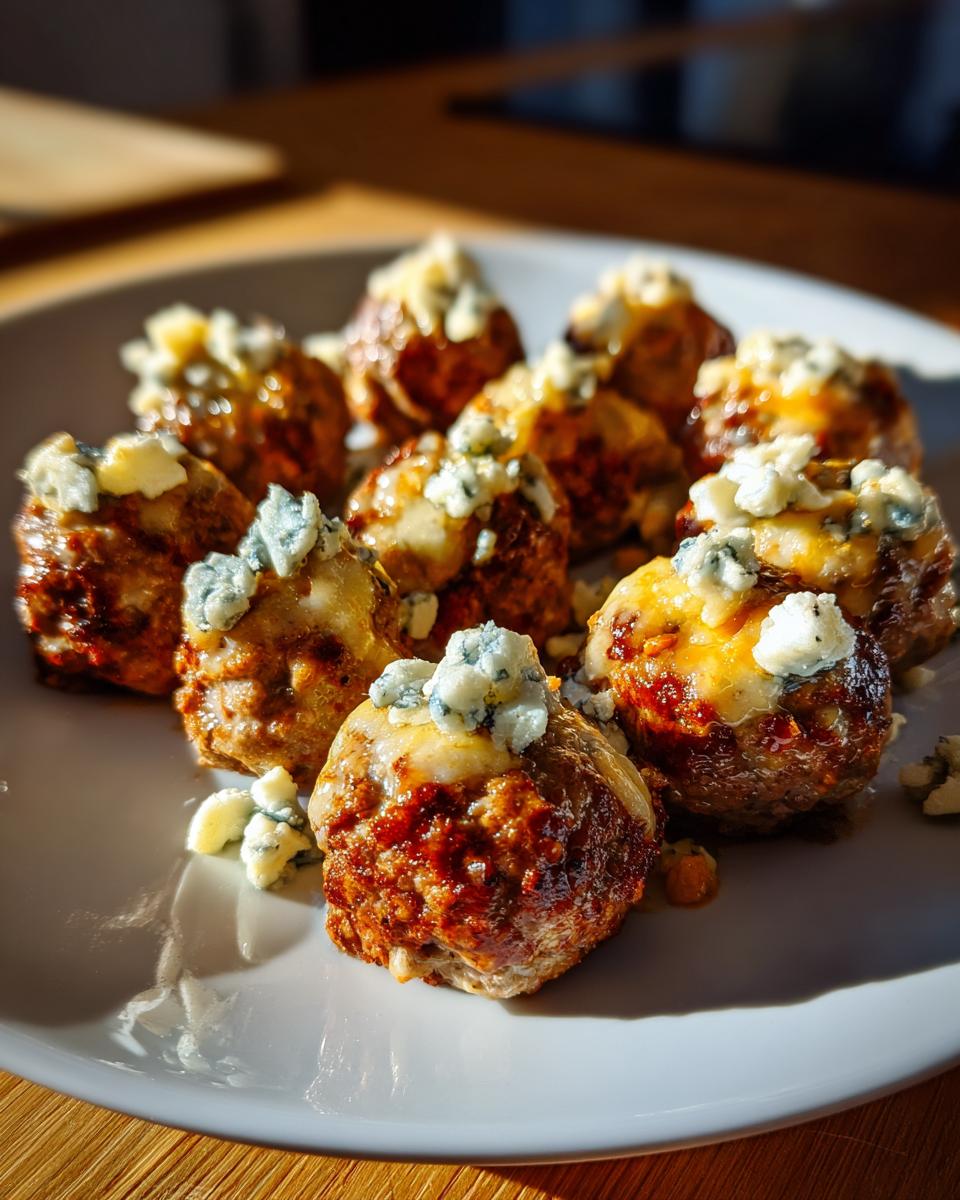 Close-up of delicious meatballs topped with melted cheese and crumbled blue cheese, perfect for New Years Eve food.