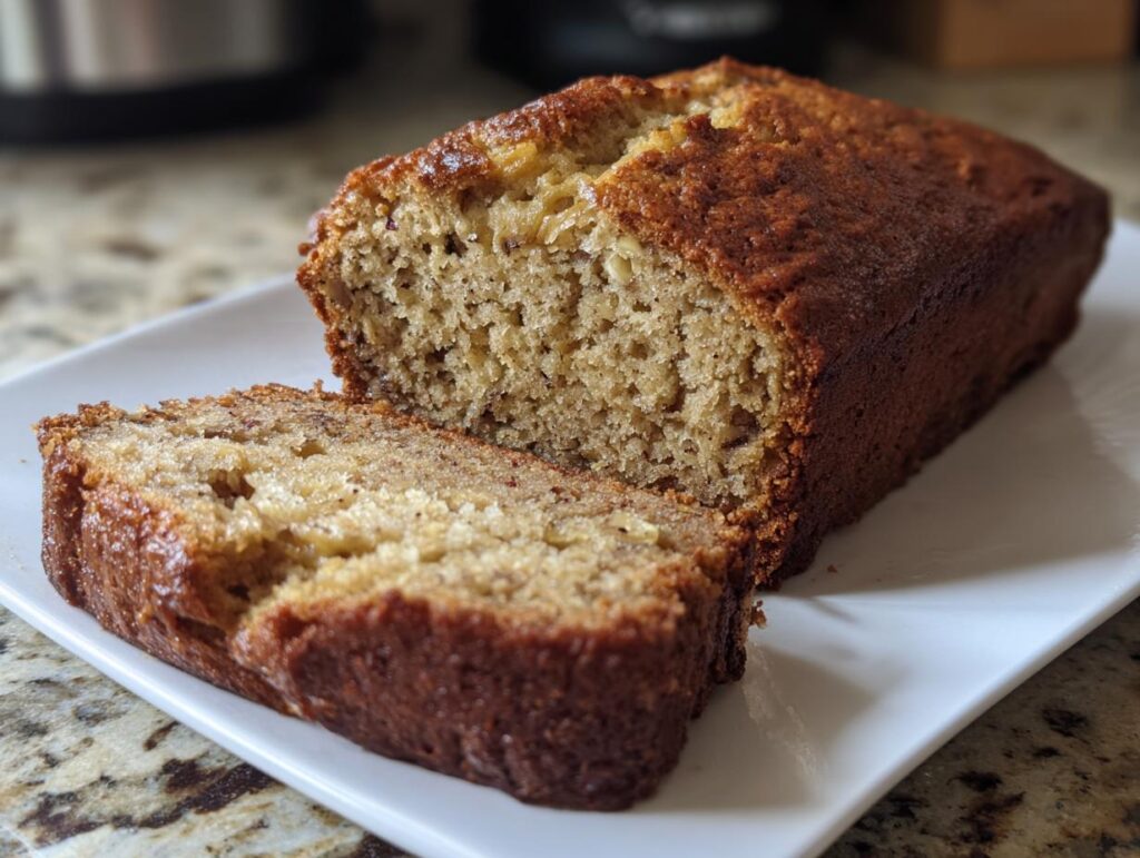 Freshly baked loaf of moist banana bread with a slice cut out on a white plate.