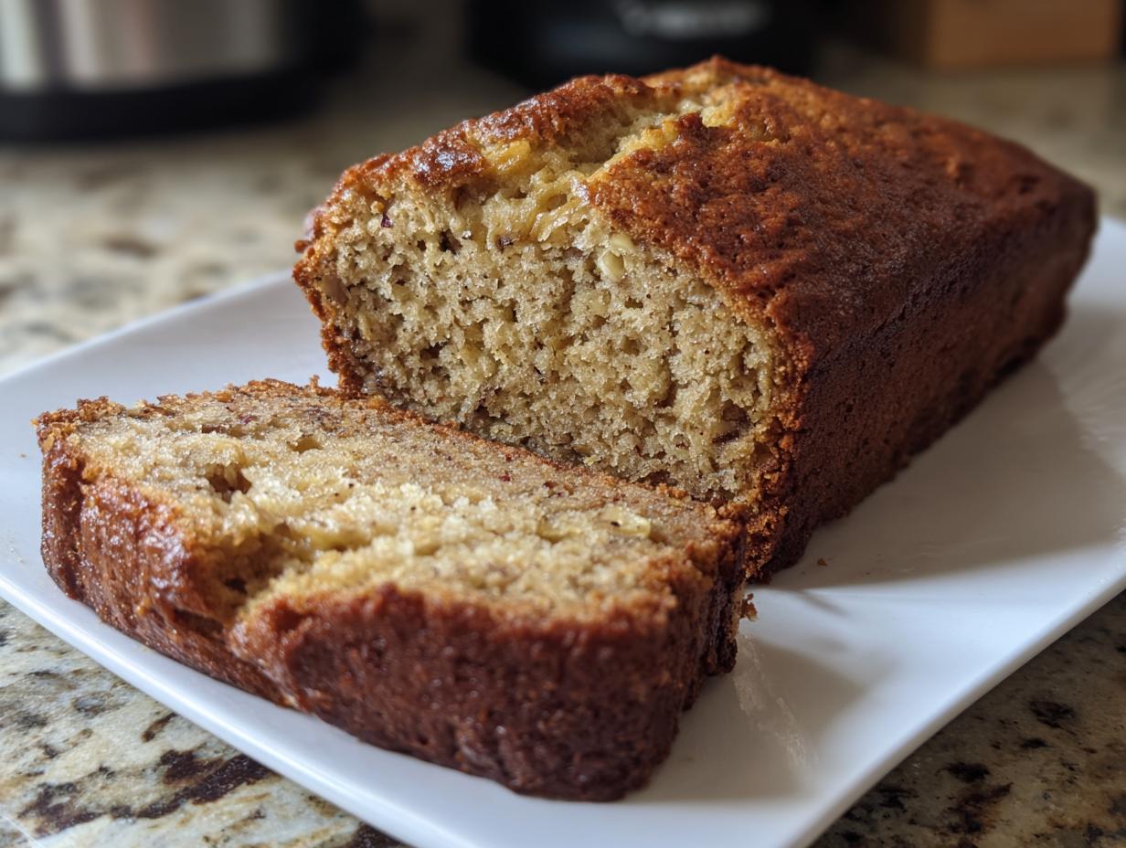 Freshly baked loaf of moist banana bread with a slice cut out on a white plate.