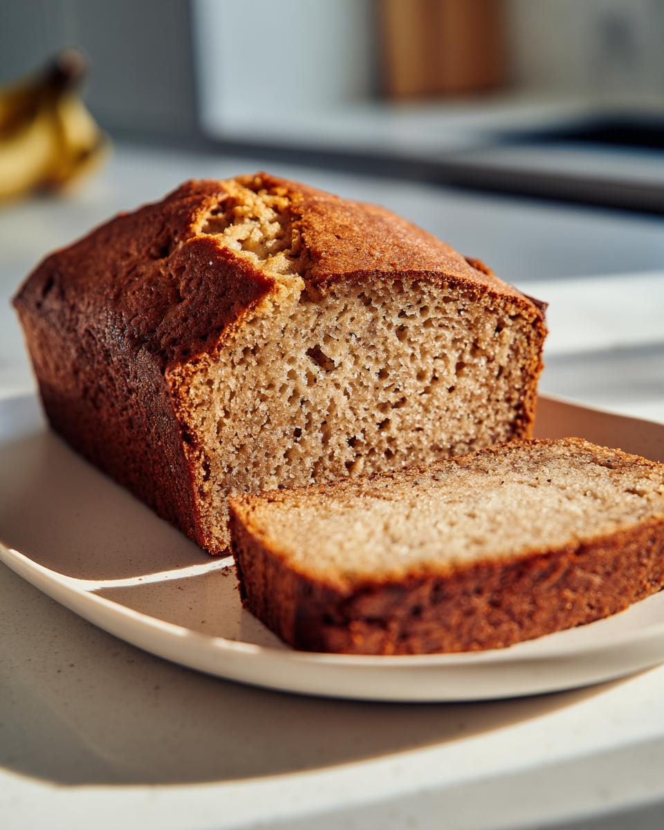 Freshly baked moist banana bread loaf with a slice on a white plate