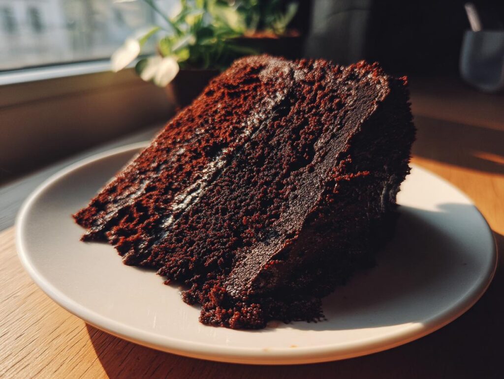 A decadent slice of moist chocolate cake on a white plate, bathed in warm sunlight.