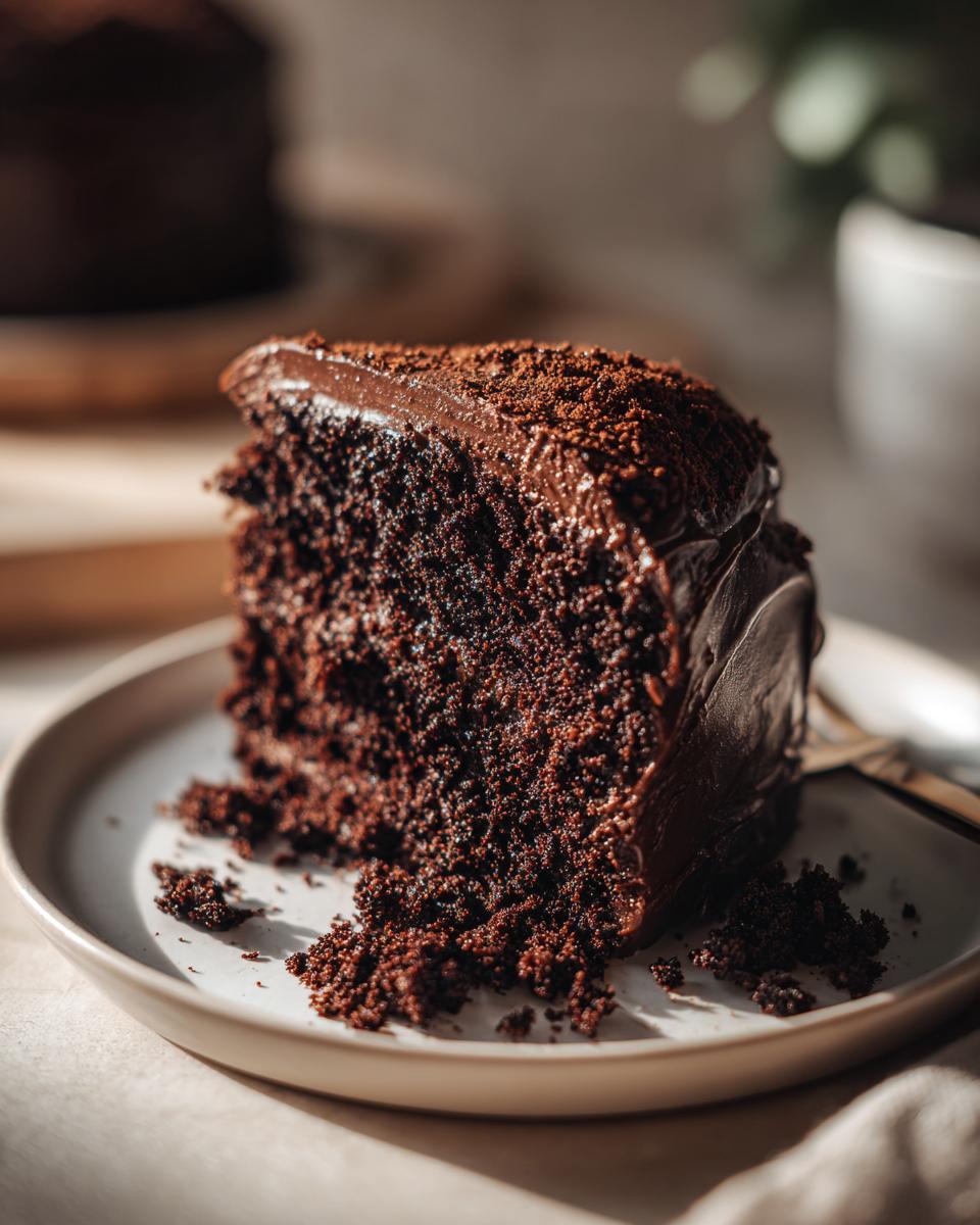 A decadent slice of moist chocolate cake with rich chocolate frosting and a dusting of cocoa powder.