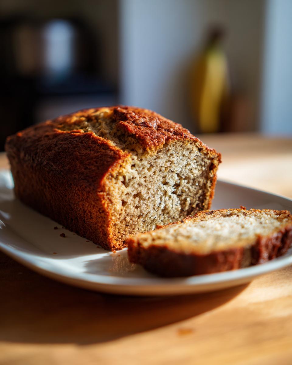 Slice of moist banana bread on white plate with loaf in background