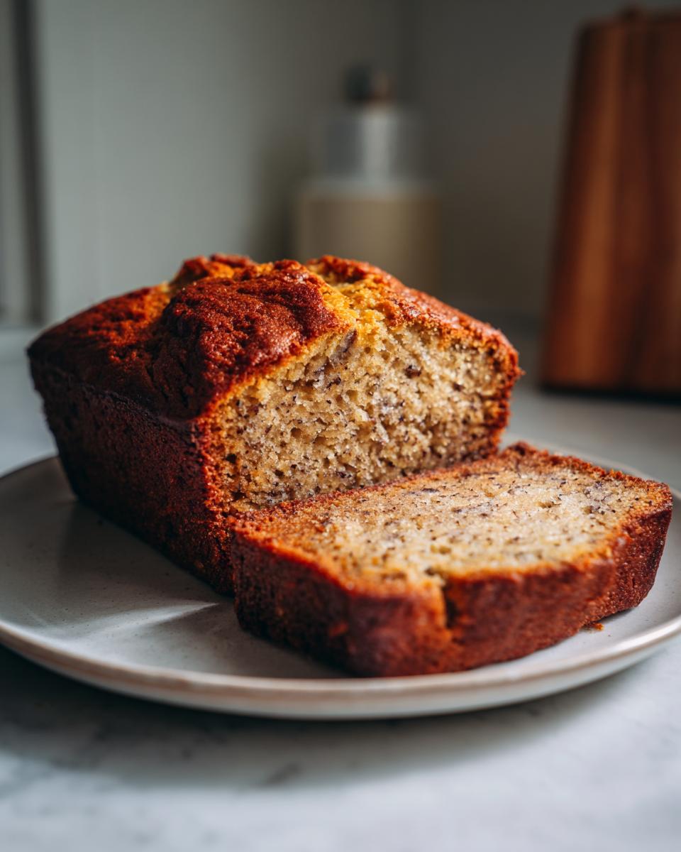 Slice of moist homemade banana bread with a golden crust on a white plate.