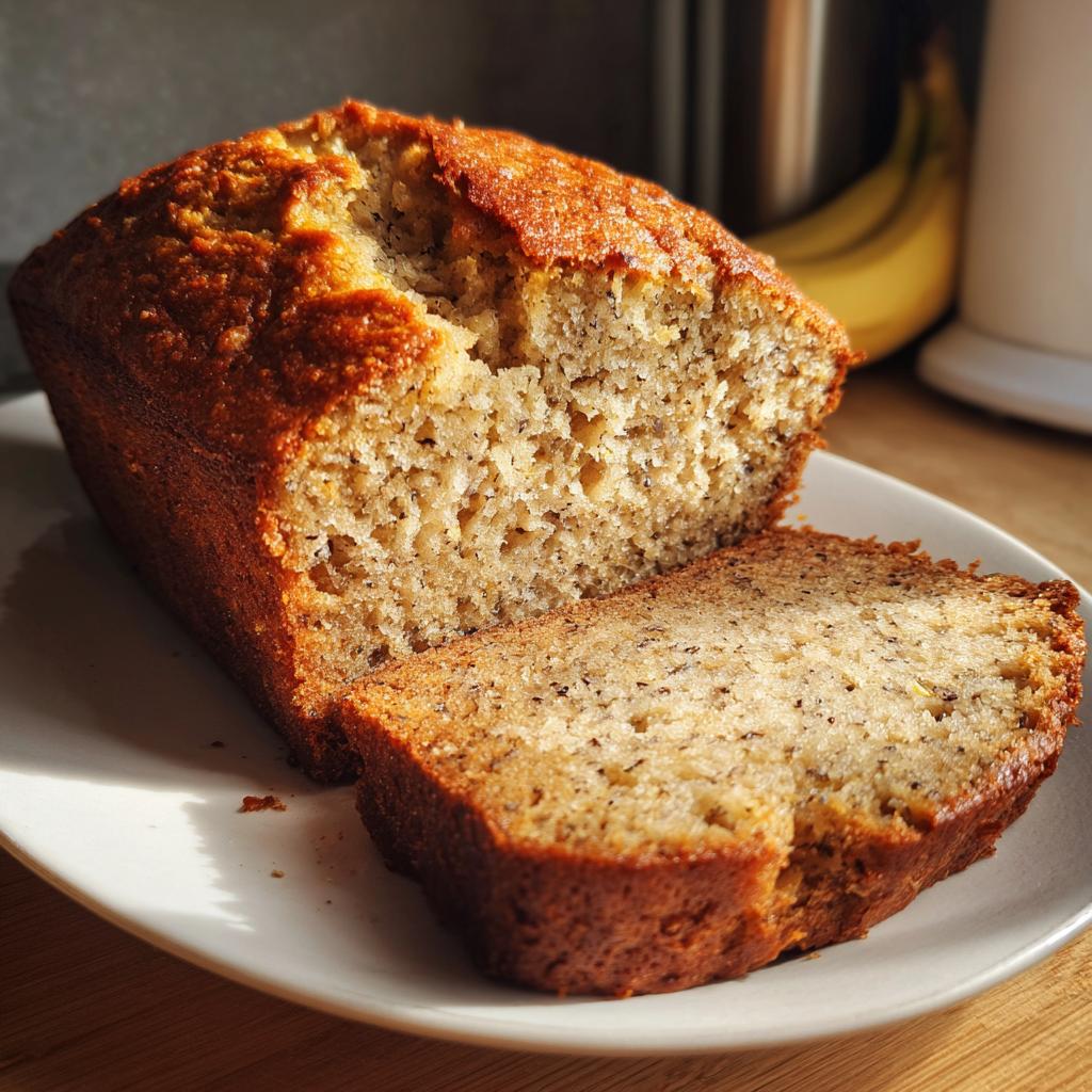 Freshly baked moist banana bread loaf with one slice cut on a white plate