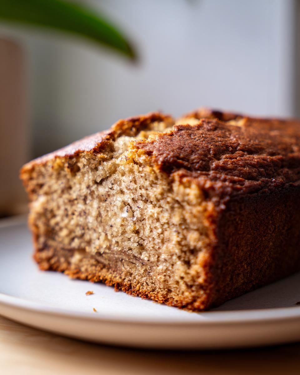 Close-up of a moist banana bread slice on a white plate with a golden crust