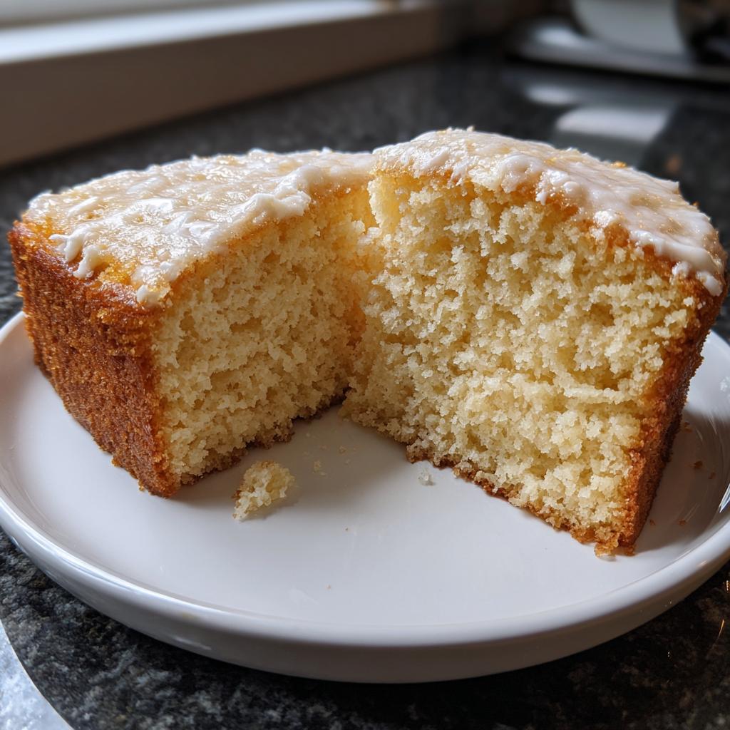 Close-up of a moist iced cake cut in half showcasing its soft texture on a white plate