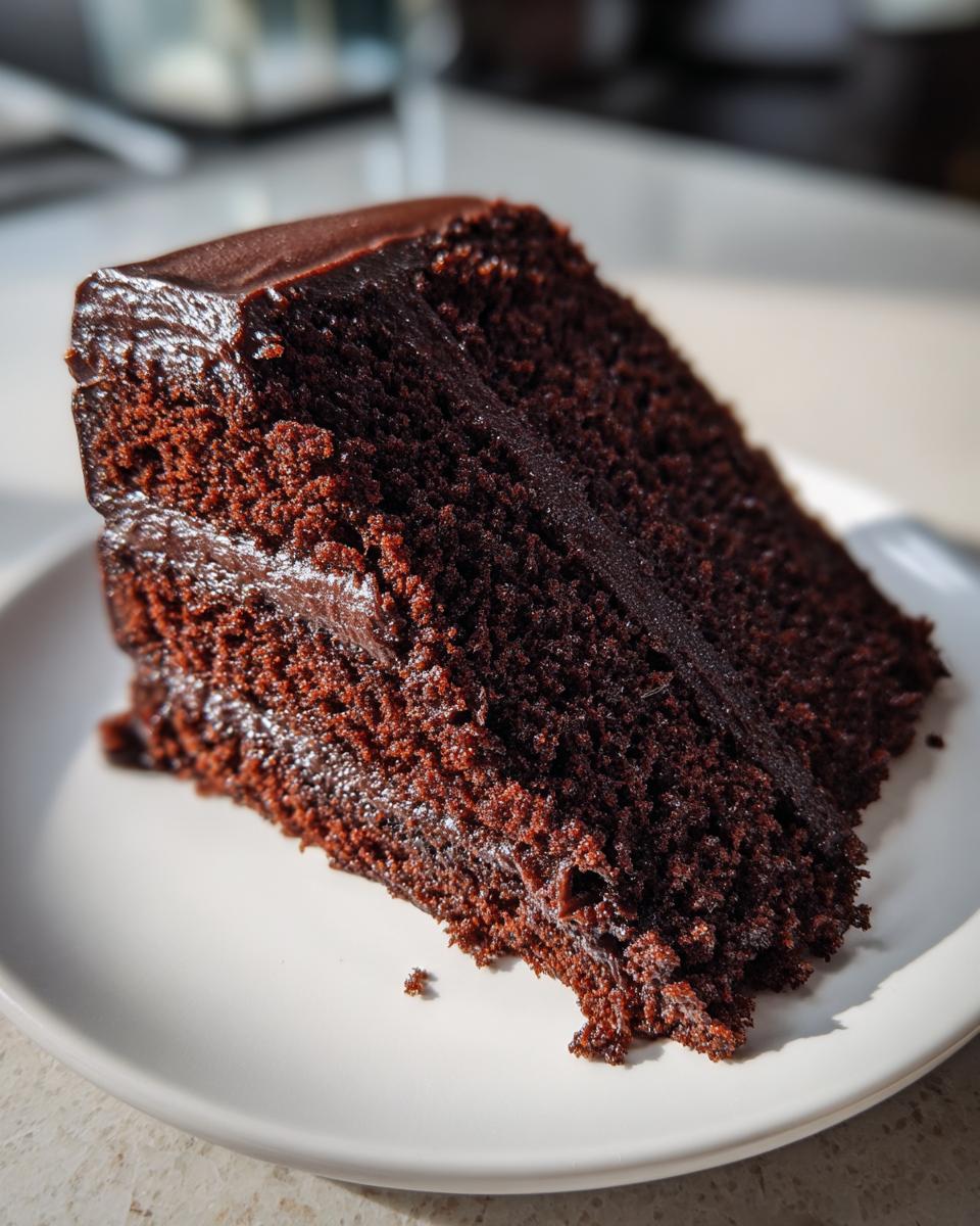 Close-up of a moist slice of classic chocolate cake on a white plate.