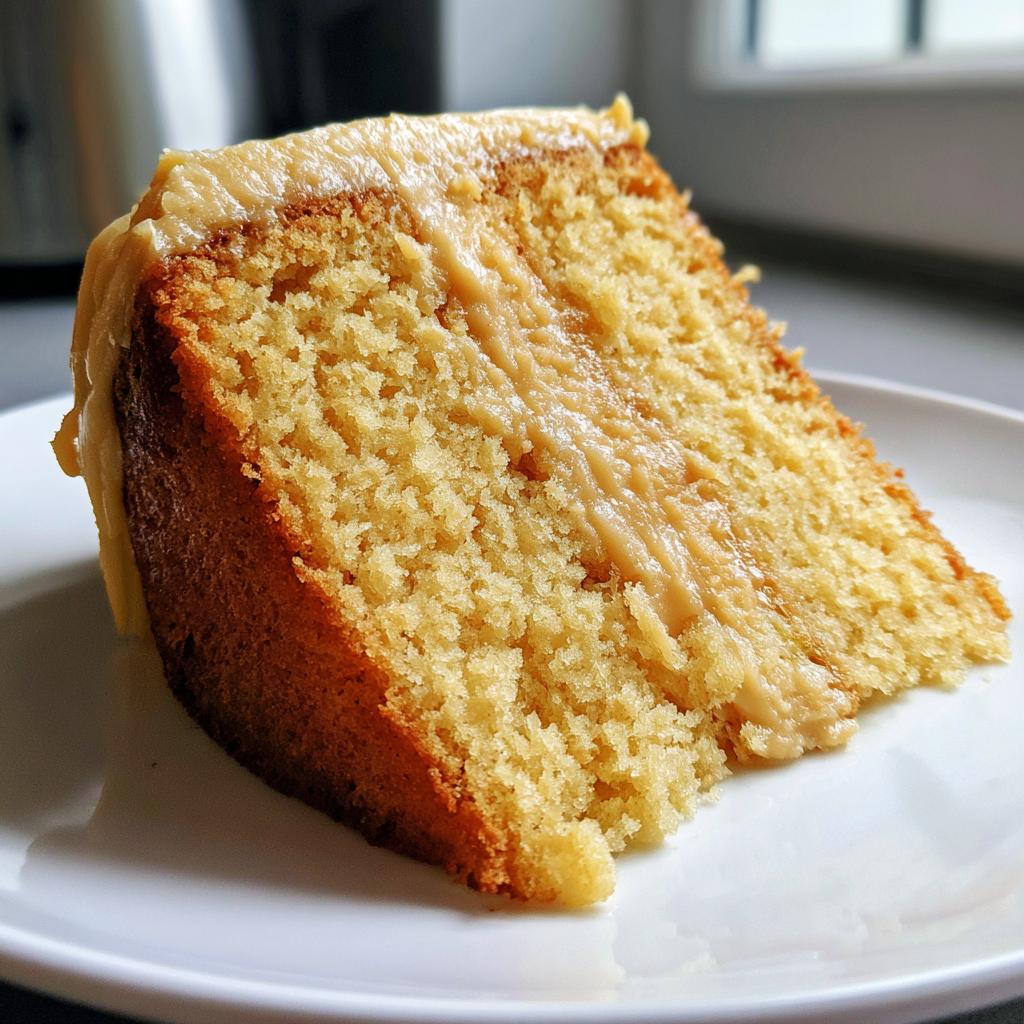 Close-up of a moist slice of vanilla cake with creamy frosting on a white plate.