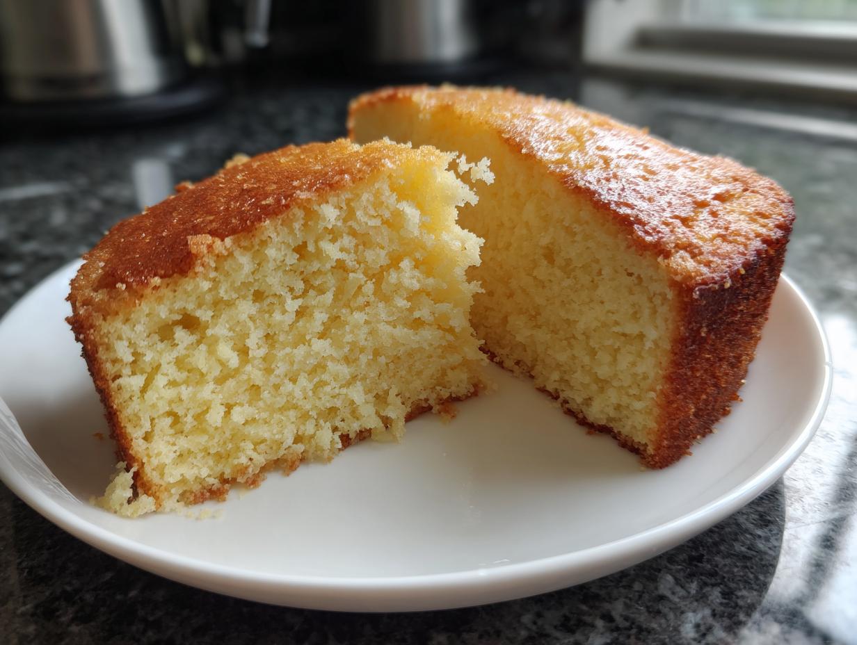 Close-up of a moist, golden vanilla cake slice on a white plate, showcasing soft texture