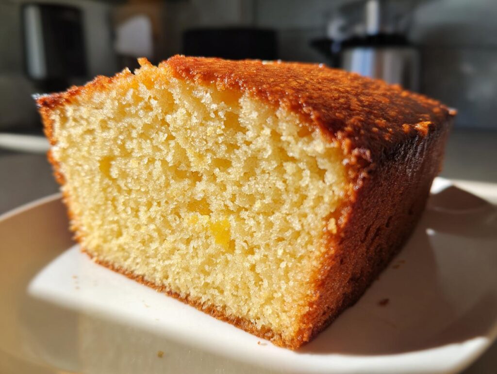 A close-up of a moist yellow cake slice with a golden-brown crust on a white plate.