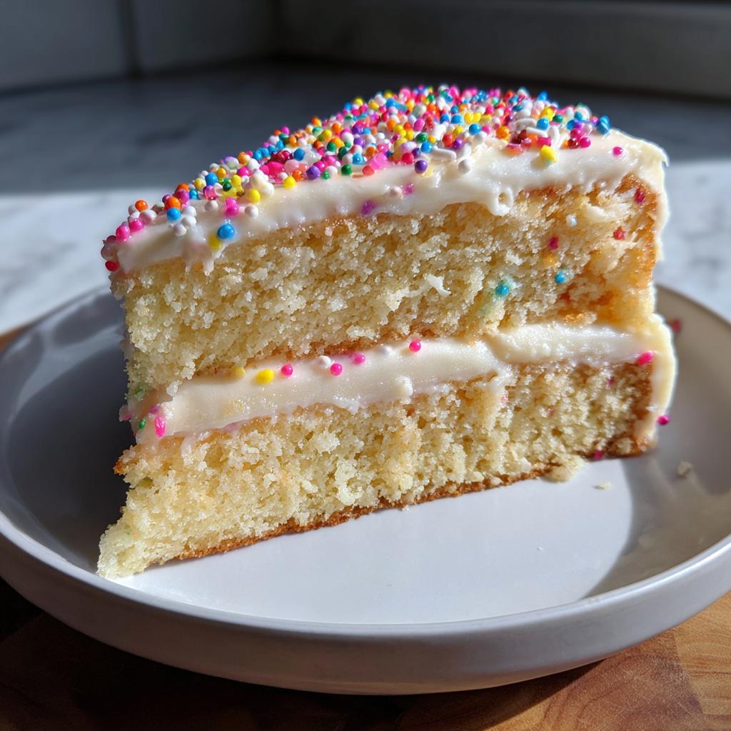 A slice of fluffy New Years cake with white frosting and colorful sprinkles on top.
