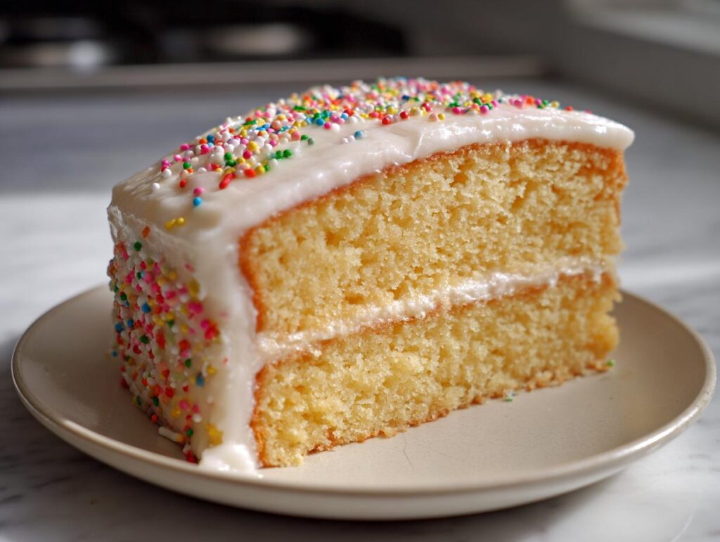 A slice of New Years cake with white frosting and colorful sprinkles on a plate.