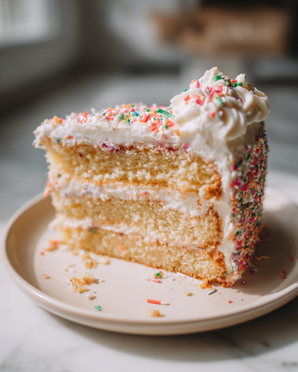 A slice of festive New Years cake with white frosting and colorful sprinkles, served on a plate.